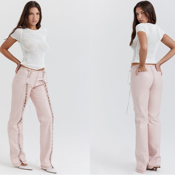 HOUSE OF CB 'Elliot' Peach Vegan Leather Lace Up Trousers NWOT - Picture 5 of 9